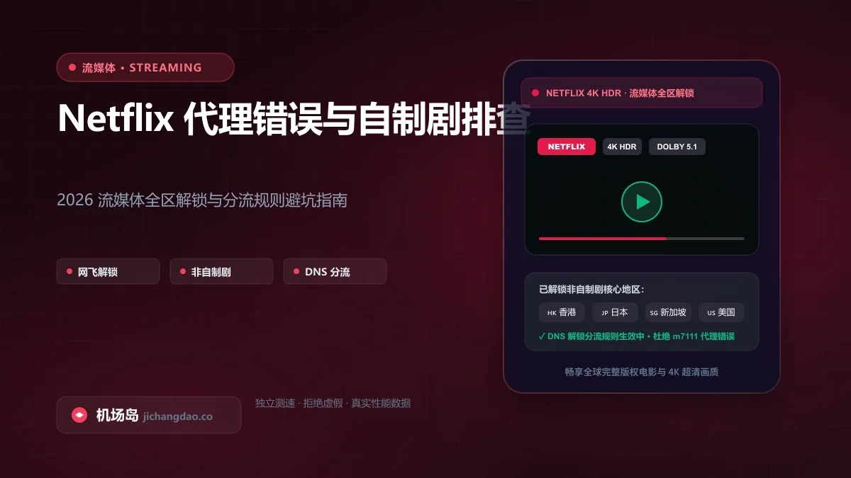 Netflix 提示代理错误或只能看自制剧怎么办？2026 流媒体全区解锁与分流排查指南配图
