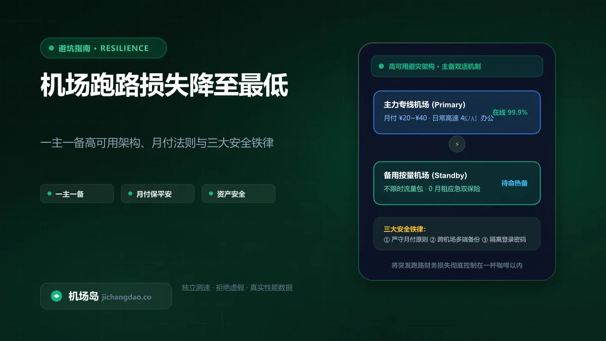 怎么把机场跑路的损失降到最低？一主一备高可用架构、月付法则与三大安全铁律配图